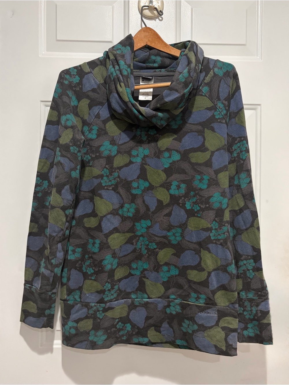 Patagonia Organic Floral Cowl-Neck Sweater in Teal, Olive & Charcoal, medium